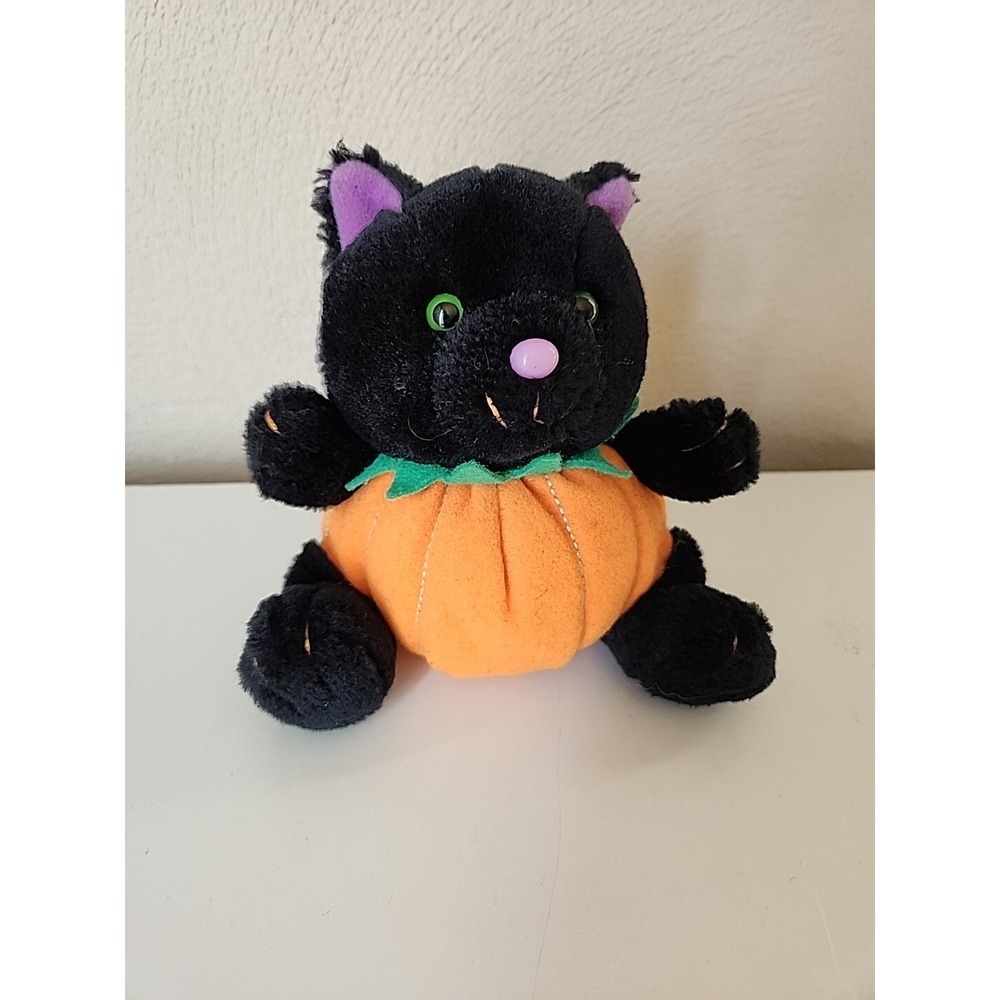 Vintage Russ Lucky Black‎ Cat Halloween Pumpkin Plush 5" Green Eyes Purple Nose
